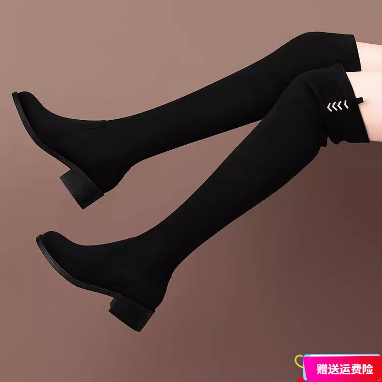 红蜻蜓牌爆款公主长筒靴女2023冬季加絨过膝靴绒面弹力靴