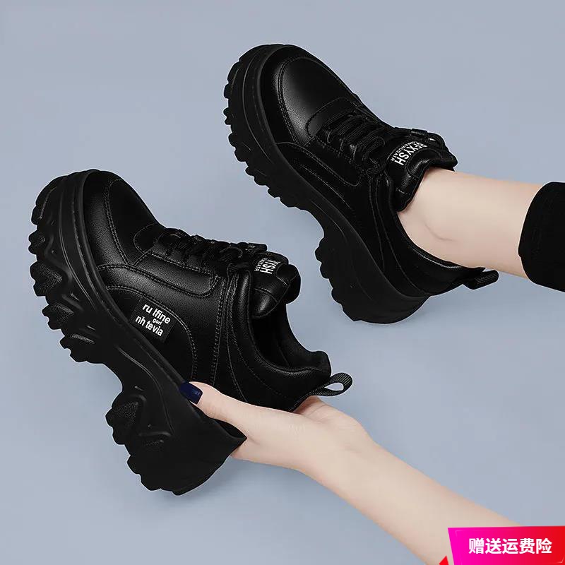红蜻蜓牌运动鞋女2023春秋新款软皮内增高超火厚底百搭老