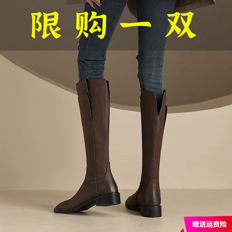 红蜻蜓牌软皮粗跟骑士长靴过膝长筒女鞋2023新款秋冬季复