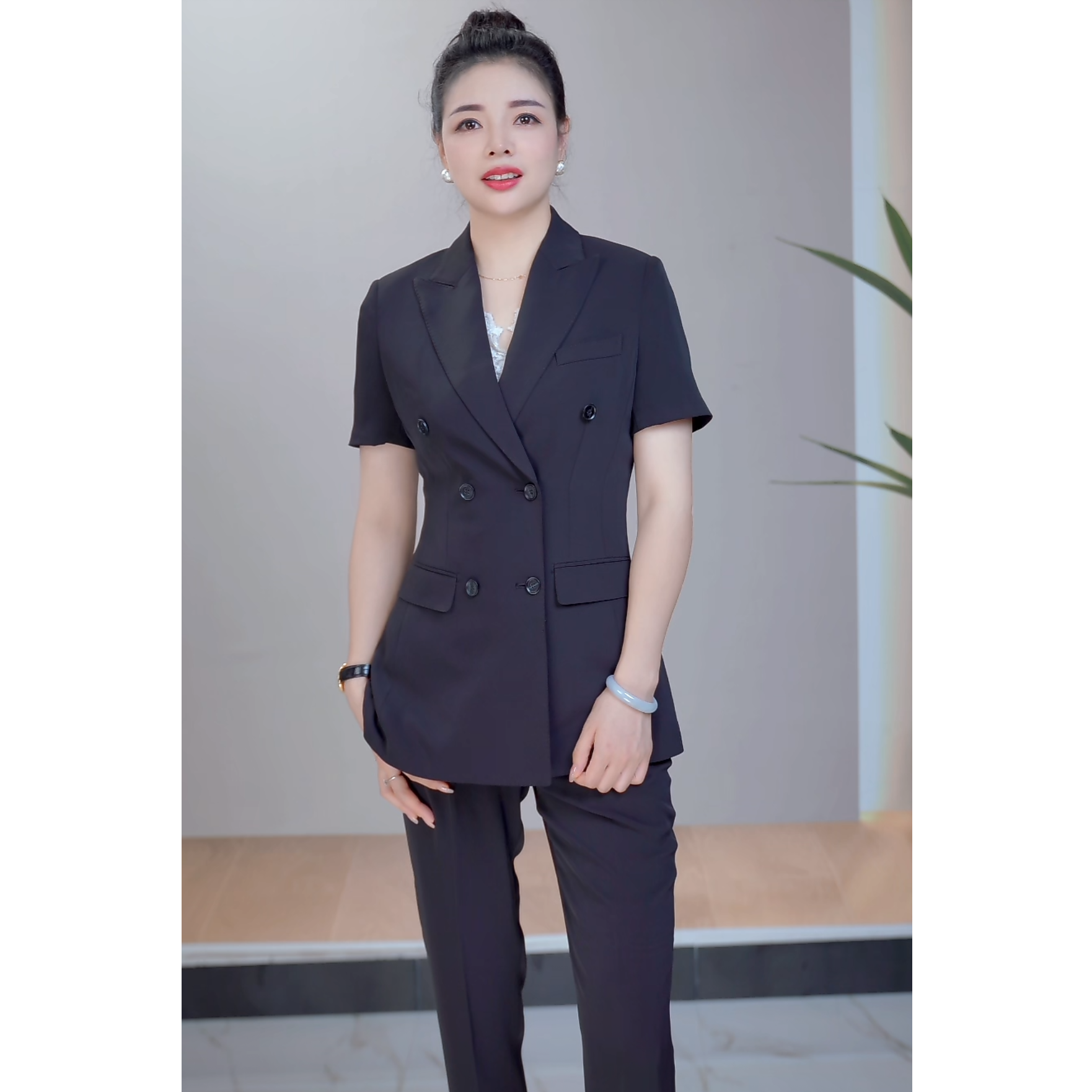 夏季黑色双排扣女洋气时尚修身显瘦收腰OL气质西装套装