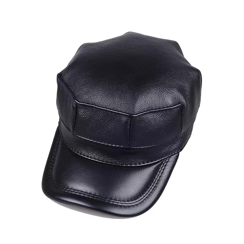 B-5冬季头层牛皮平顶八角帽护耳鸭舌帽时尚百搭黑色复古中老年