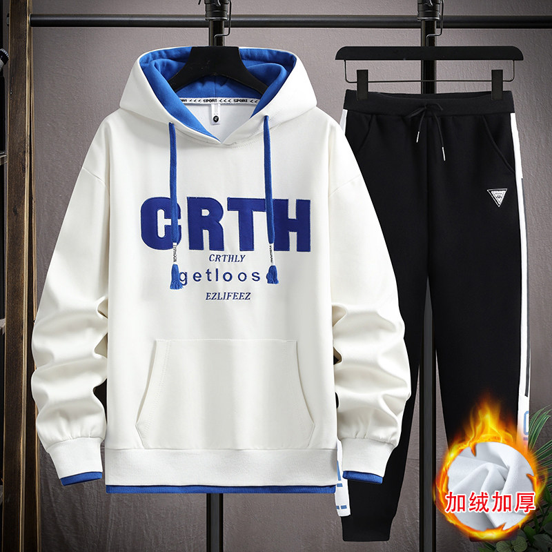 啄木鸟冬季青少年学生休闲运动套装男士潮流加绒加厚秋冬季一整套