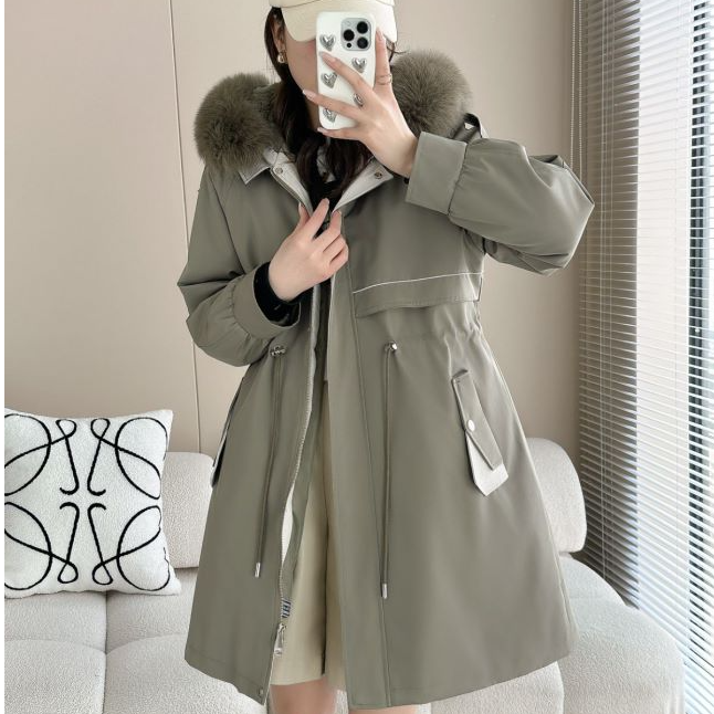 2973女款帽版毛领獭兔毛内胆派克服时尚时尚百搭中长款显瘦冬季