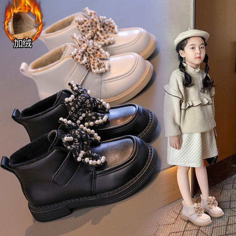 回力潮品女童加绒短靴2023年冬季韩版蝴蝶结保暖马丁靴小女孩软底