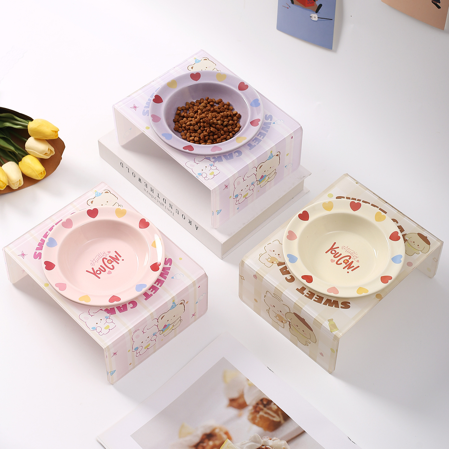 创意爱心飞碟盘带亚克力碗架家用陶瓷宠物碗猫碗狗碗宠物用品食盆