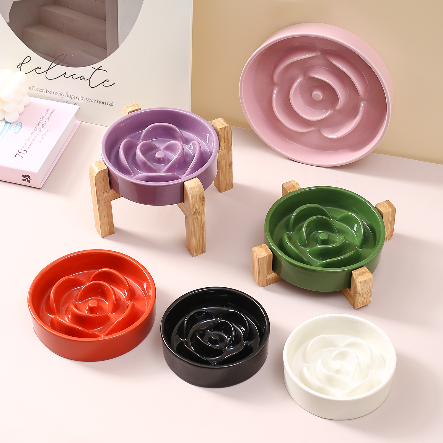 花瓣陶瓷狗碗慢食碗防噎狗食盆防黑下巴猫碗猫咪慢食盆易清洗猫碗