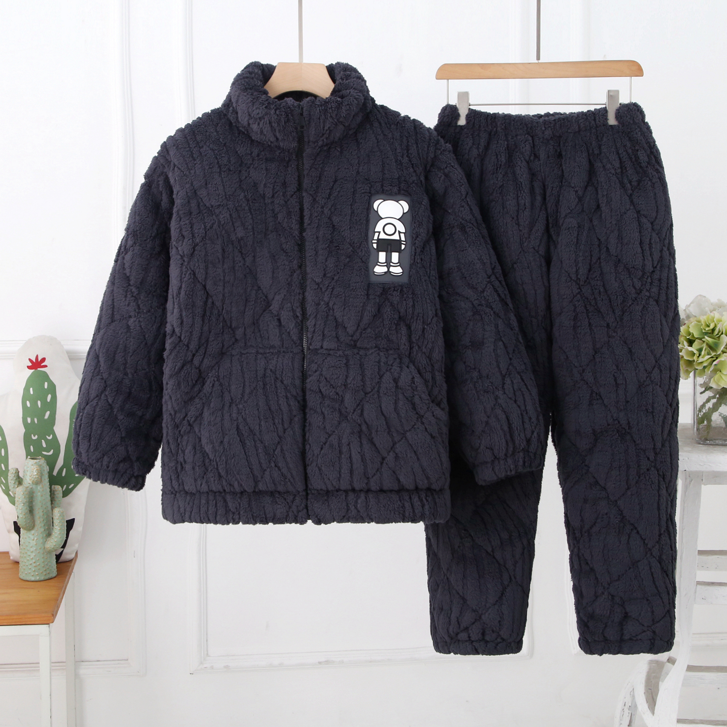 睡衣冬季中青年男士特厚拉链三层夹棉珊瑚绒加大码家居服保暖套装