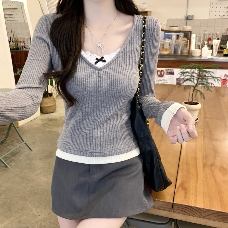 纯欲风假两件蕾丝拼接长袖T恤女秋冬新款高级感修身内搭打底上衣