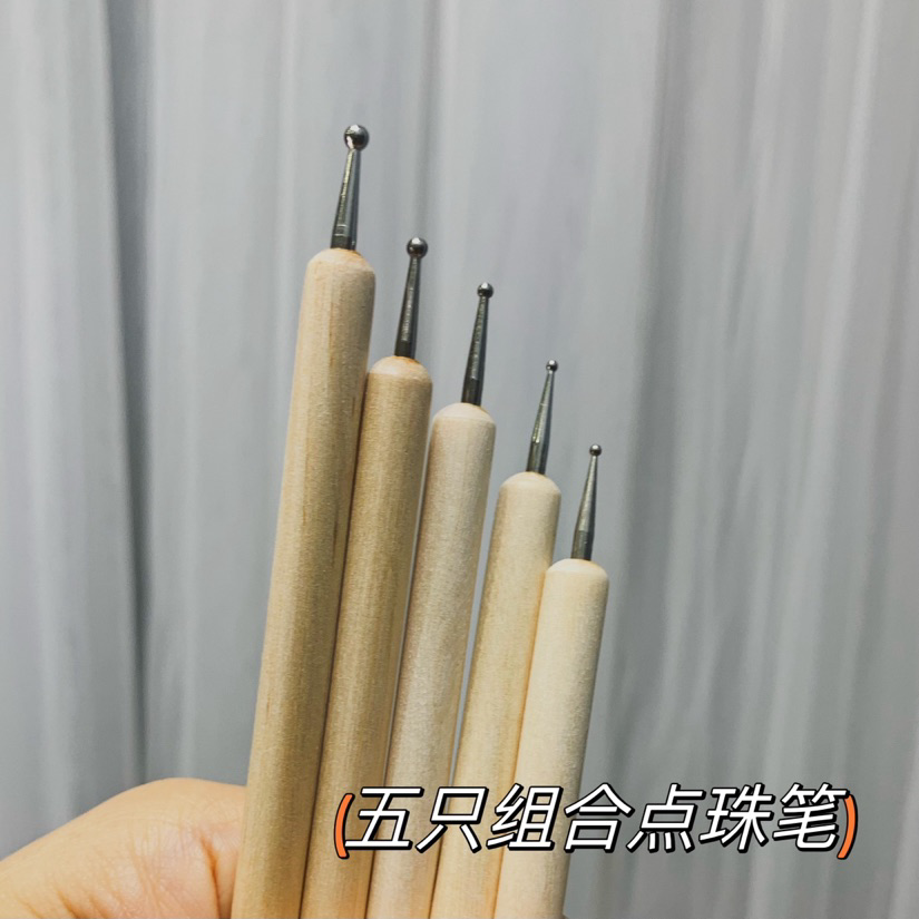 美甲点珠笔指甲工具波点木杆双头镶钻点缀初学者两用钻粘点5支装
