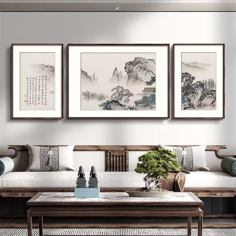 新中式客厅装饰画沙发背景墙三联画办公室壁画国画山水画书房挂画