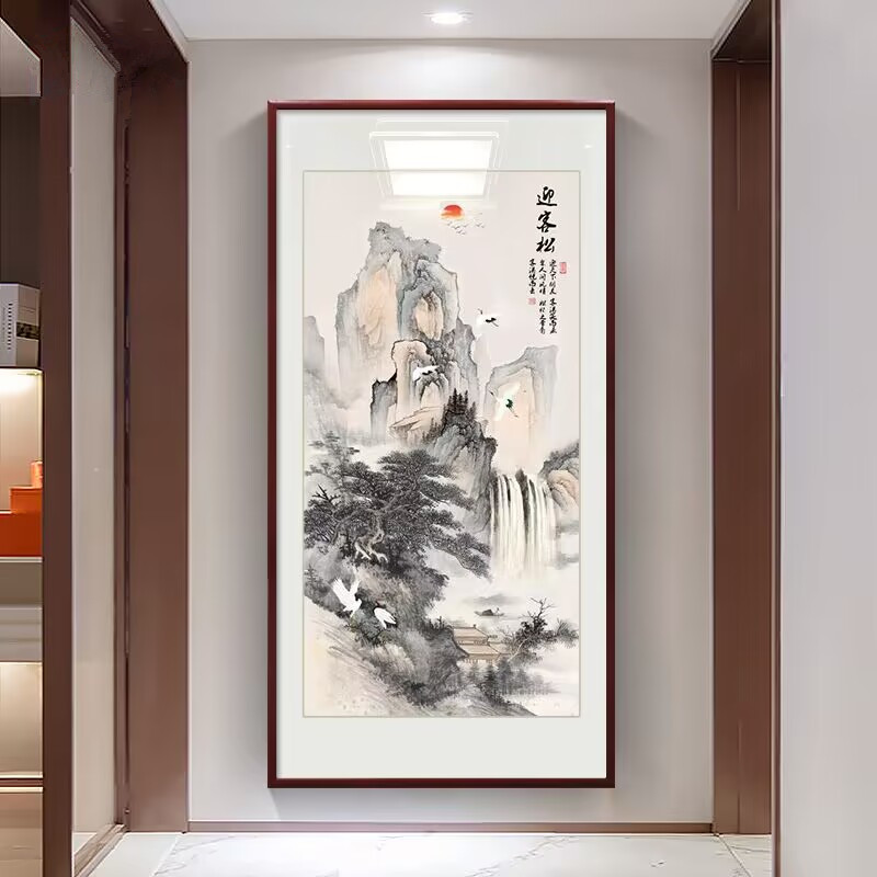 迎客松挂画新中式入户玄关走廊过道装饰画竖版风景山水画客厅壁画