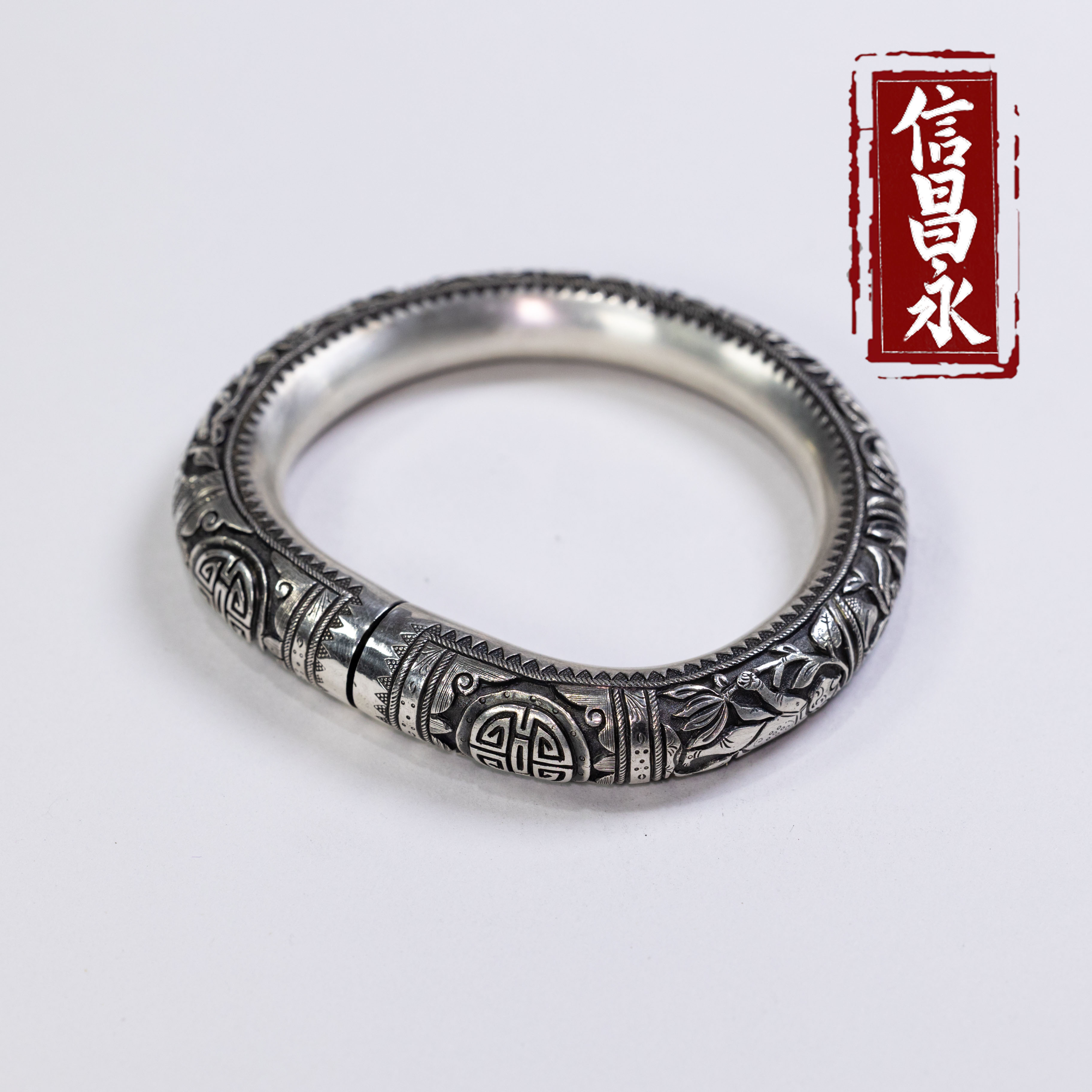 足银手镯 主播主推款纯手工錾刻婴戏图山西马蹄手镯 价格是工费