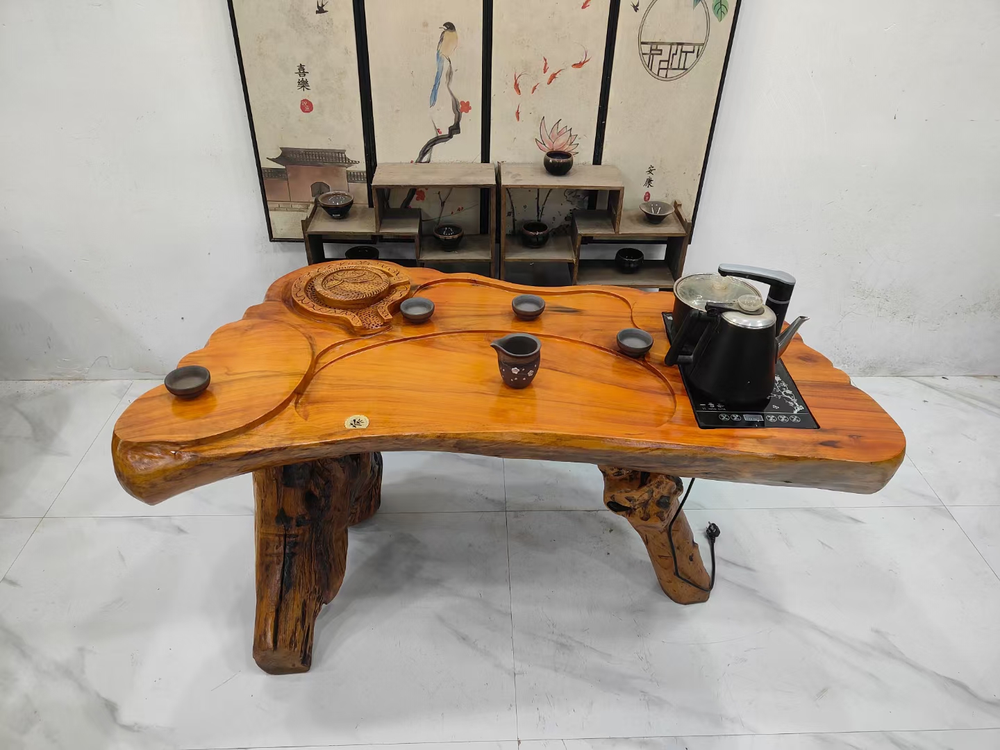 D2721香樟木根雕茶台，阳台家用茶几，时来运转128-65-66厘米