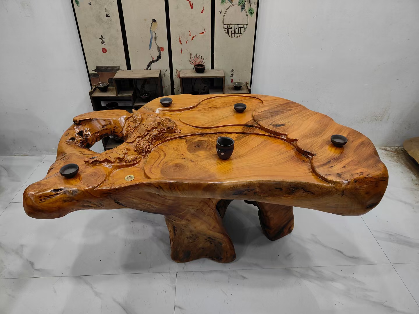 D2774香樟木整体根雕茶台，阳台家用茶几，年年有鱼155-81-72厘米