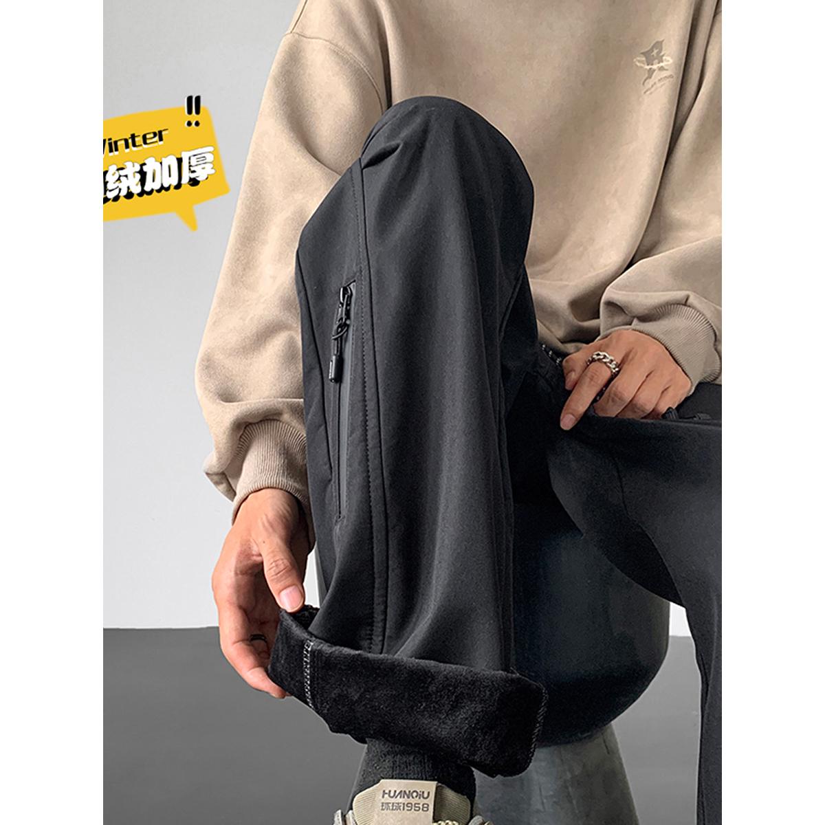 拉链裤子男款冬季加绒加厚运动冲锋裤美式宽松直筒休闲工装长裤子