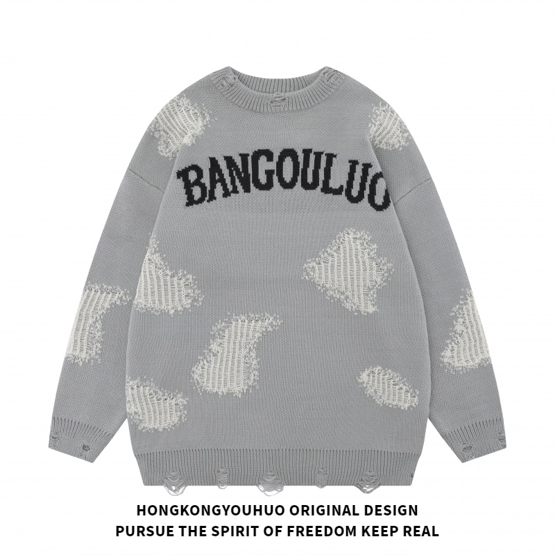 潮牌轻奢小众印花百搭时尚长袖毛衣慵懒风毛衣男字母提花宽松秋冬