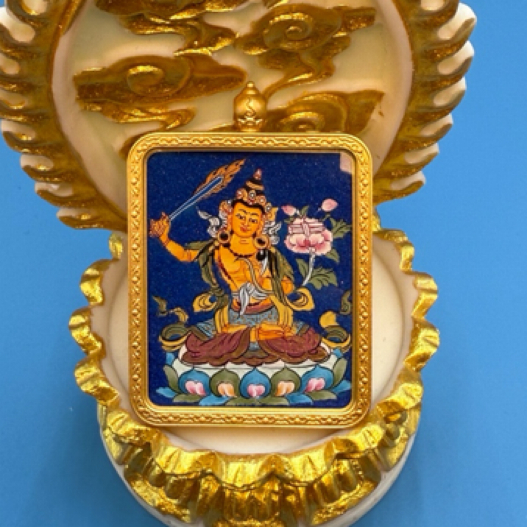  重工粗矿物 纯手绘唐卡 文殊菩萨 带绳