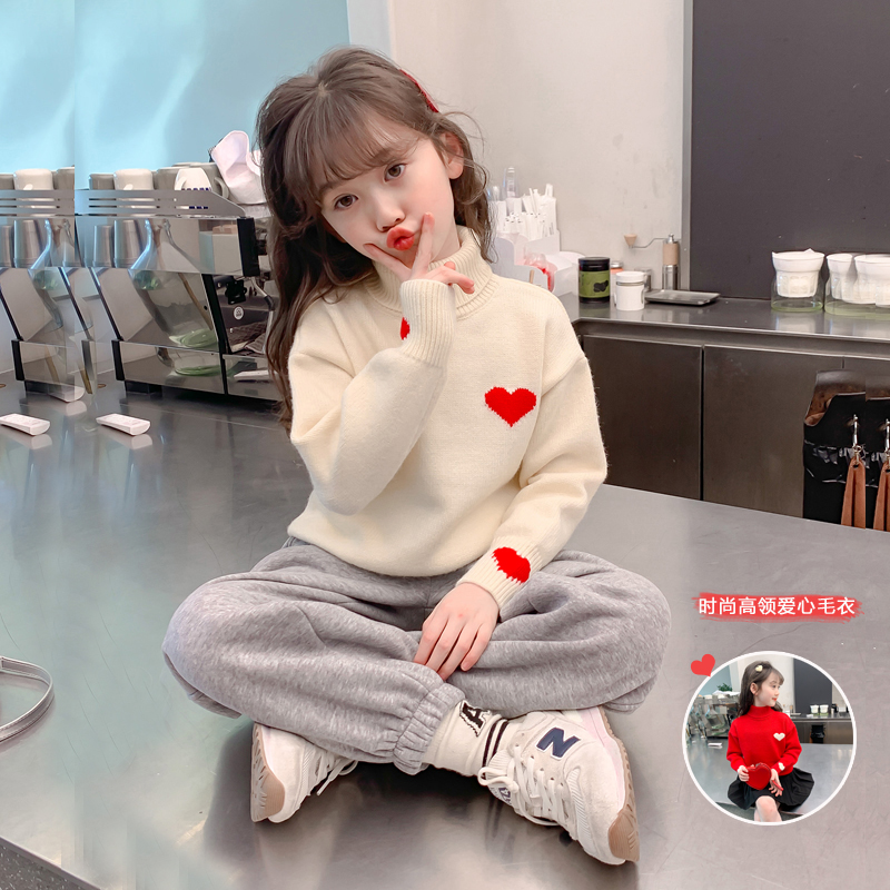女童高领毛衣2023秋冬新款红色加绒针织衫中大童白色打底衫上衣潮