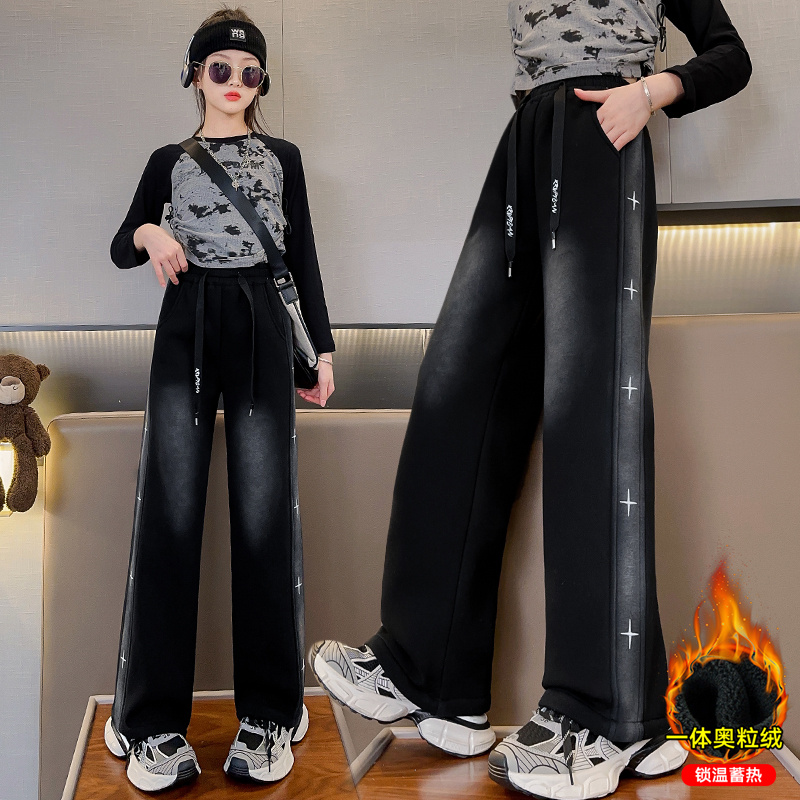 女童牛仔裤秋冬外穿女孩冬天加绒加厚阔腿裤冬款长裤大童儿童裤子