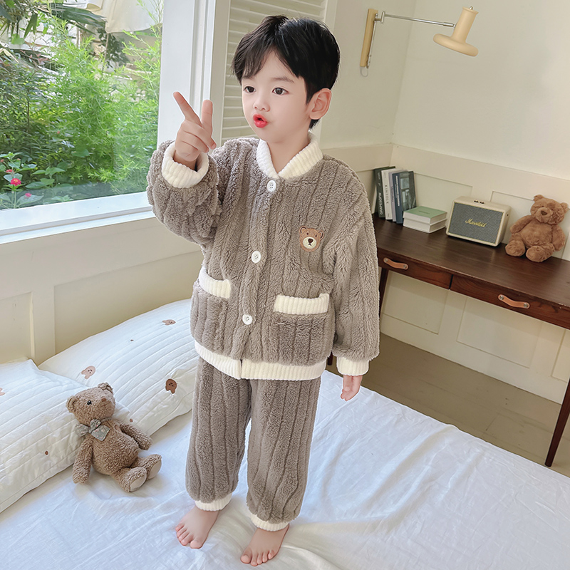 男童睡衣秋冬季珊瑚绒冬款男孩宝宝加厚法兰绒儿童加绒家居服套装