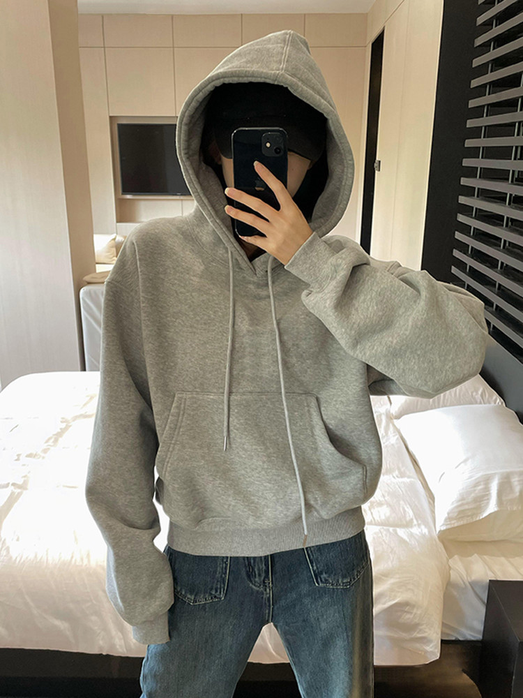 灰色加绒卫衣女小个子短款纯色连帽设计感小众宽松上衣百搭秋冬