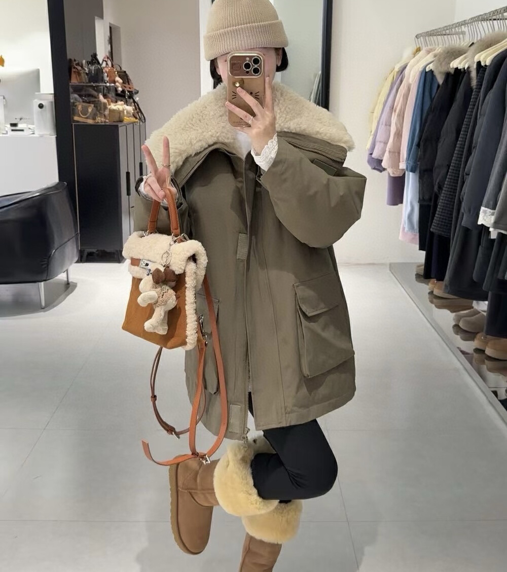 露思同款毛毛内胆加厚保暖棉服冲锋衣风衣夹克中长款大衣外套