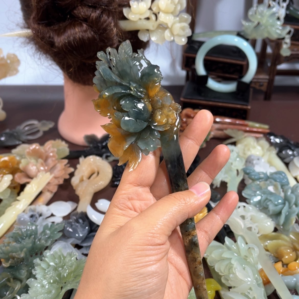 【闪购商品】蛇纹石玉发饰未镶嵌寒**孓