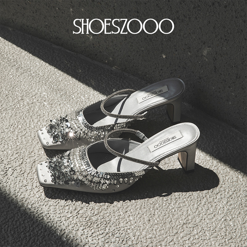 SHOESZOOO2024夏季新款凉鞋女小众法式高跟鞋真皮穆勒鞋半拖鞋女