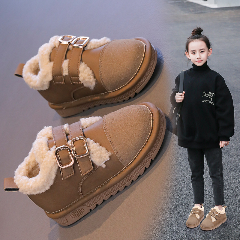 加绒加厚女童棉鞋2023秋冬新款小女孩毛毛鞋复古加绒豆豆鞋平底低