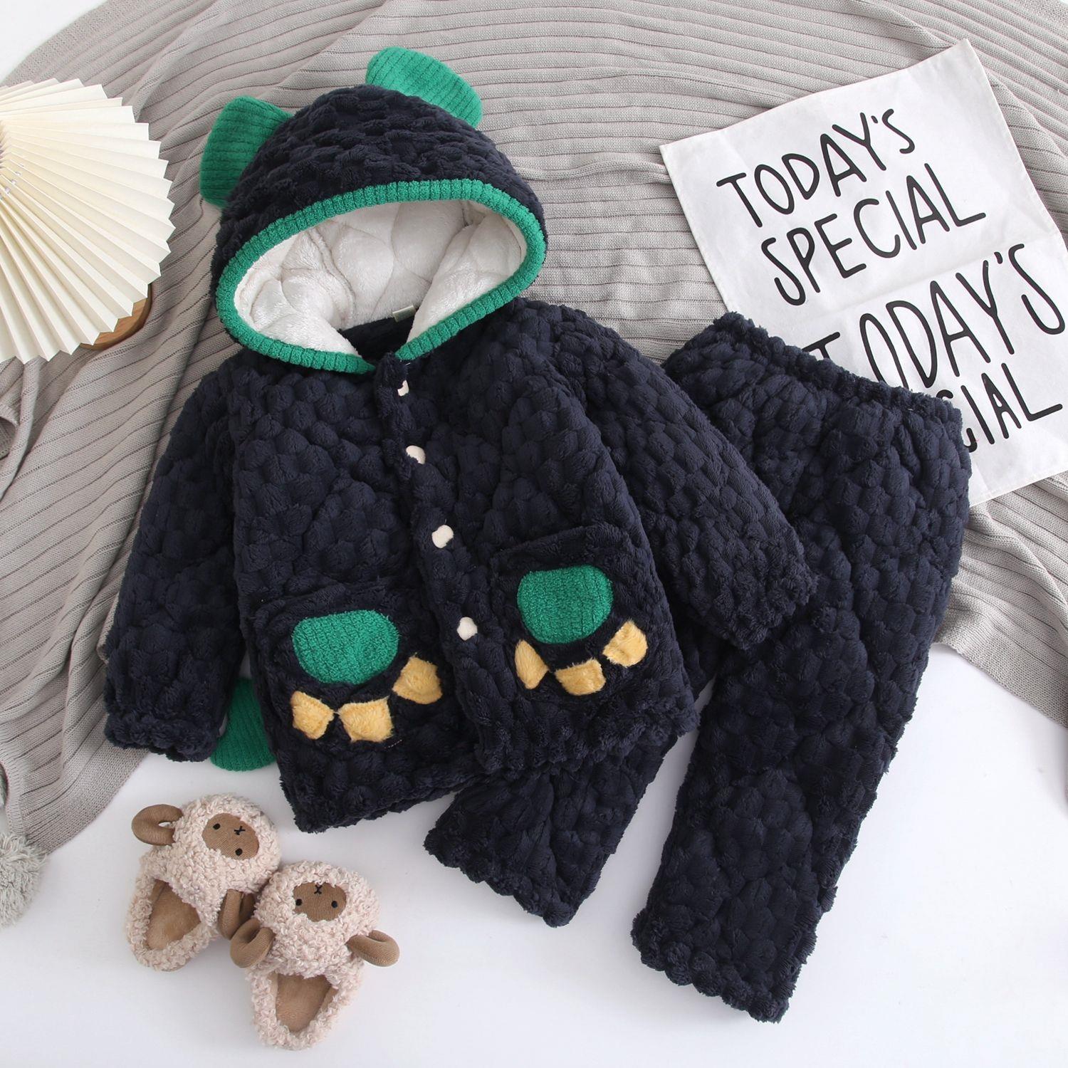 睡衣冬季加厚款珊瑚绒中长宝宝男童小童男孩加绒家居服保暖