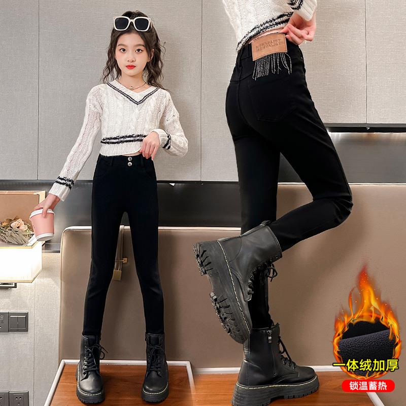 女童加绒裤子秋冬款外穿加厚内搭裤大童一体绒冬季黑色儿童牛仔裤