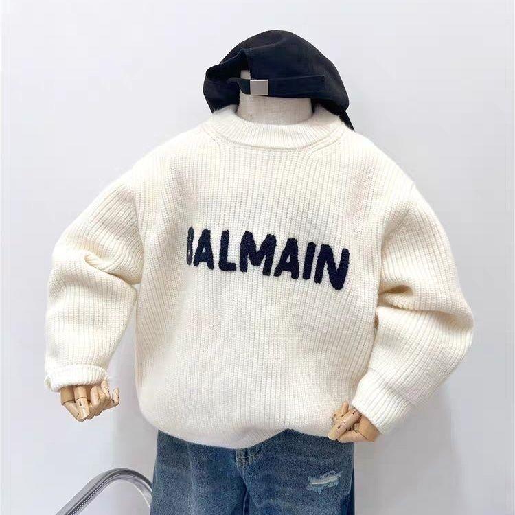 宝宝毛衣套头加厚2023新款冬季简约字母米白色针织衫百搭圆领上衣