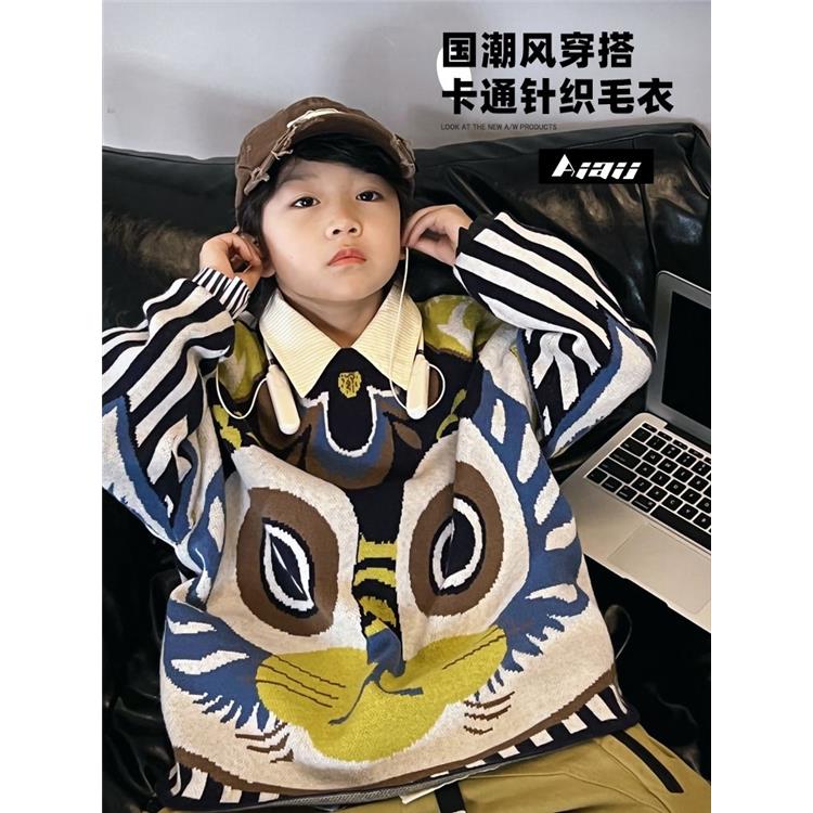 儿童毛衣国潮风男童针织衫加绒加厚潮2023新款中大童宽松套头线19