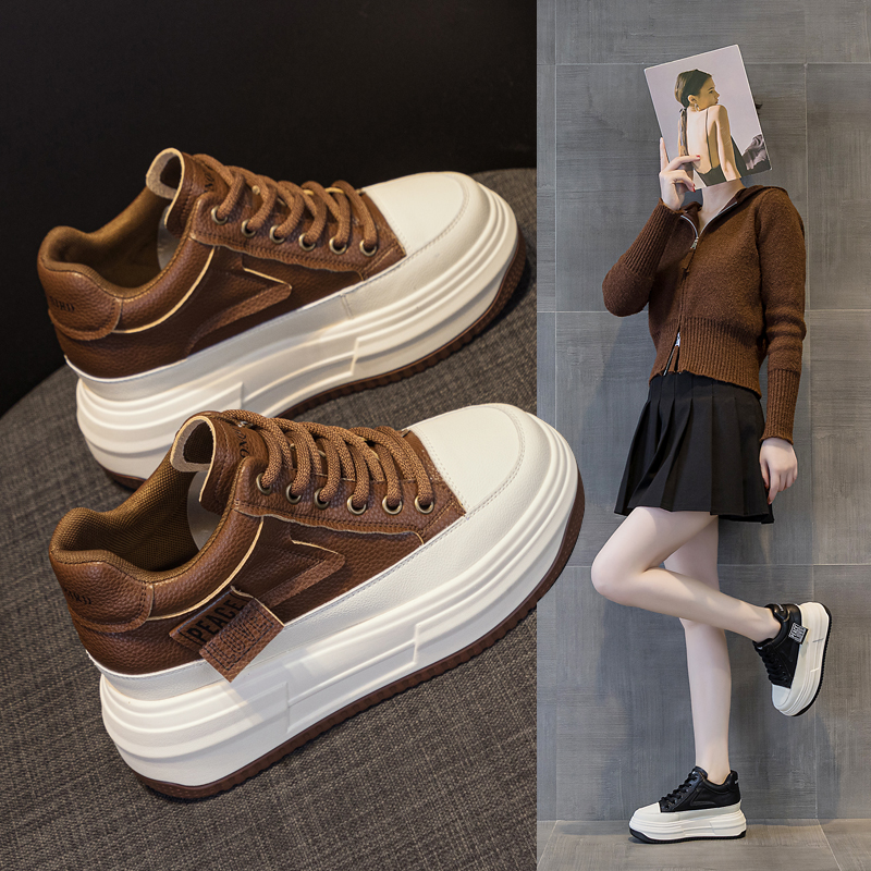 网红真皮女鞋板春季新品高帮运动鞋女ins学生韩版百搭厚底休闲鞋