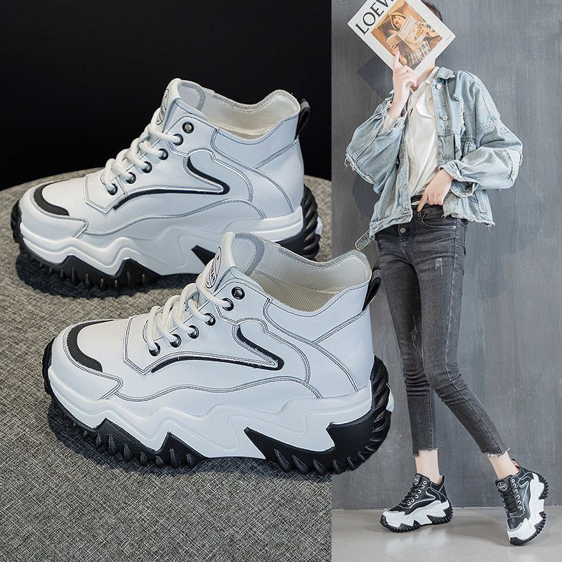 网红爆款真皮女鞋春季新款松糕厚底增高运动休闲鞋女式老爹鞋女aj