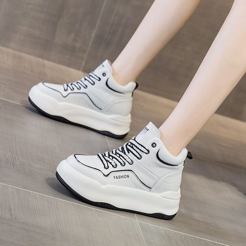 网红真皮女鞋高帮鞋春季皮面防水小白鞋女ins学生韩版休闲板鞋子