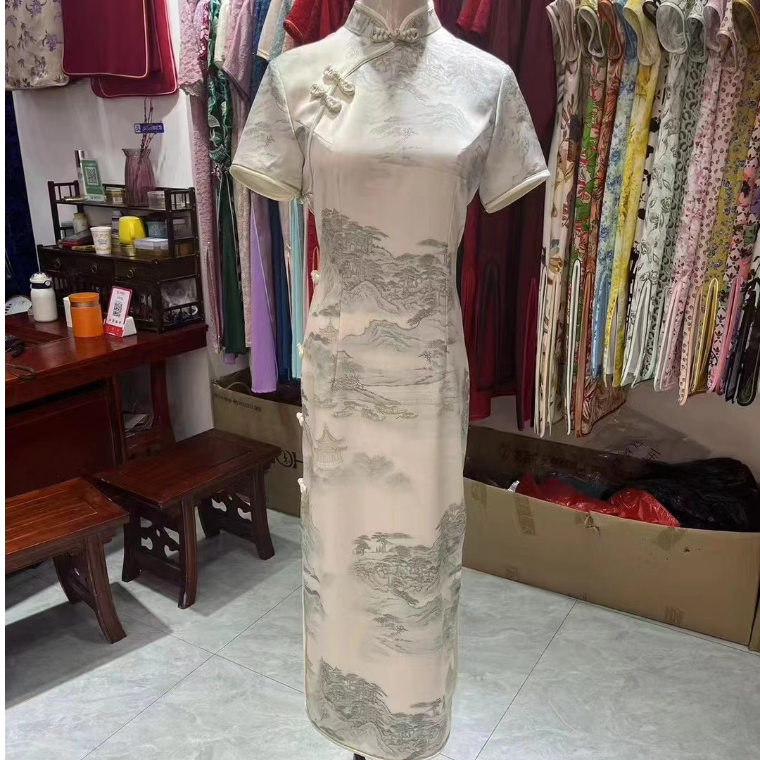 山楼云舟双缎面醋酸印花高端丝滑爆款旗袍连衣裙面料布料
