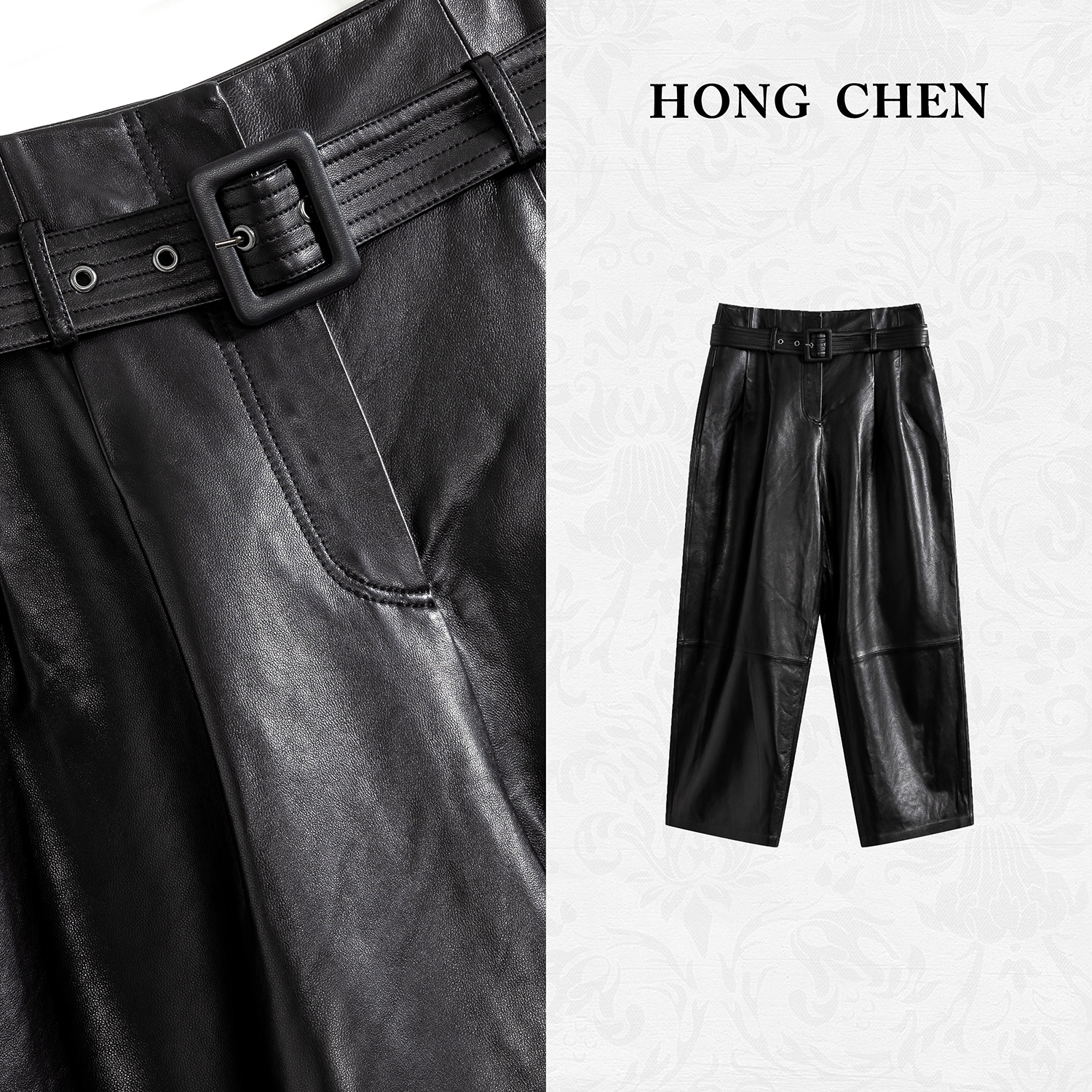 【虹辰·进口羊皮】高端气质百搭绵软优质真皮高级感宽松皮裤-HC1638