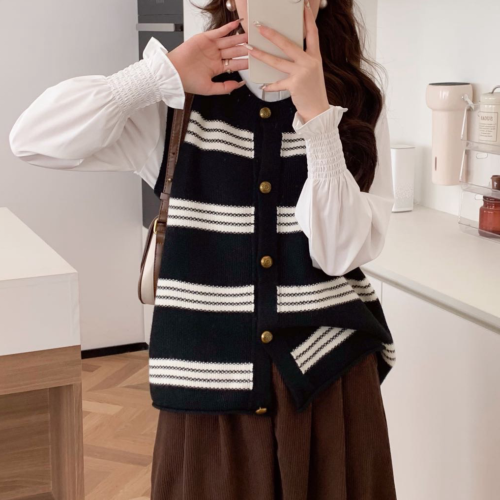 复古减龄条纹马甲女网红毛衣背心秋装针织宽松外穿坎肩开衫上衣潮