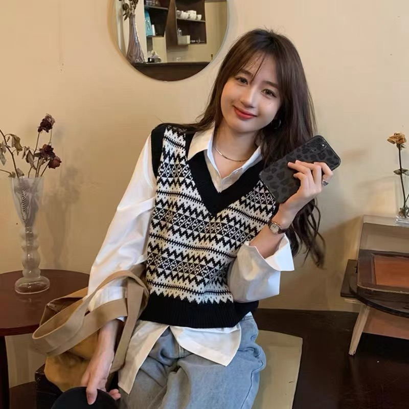 小个子复古减龄V领针织马甲女外穿上衣春秋内搭叠穿无袖坎肩背心