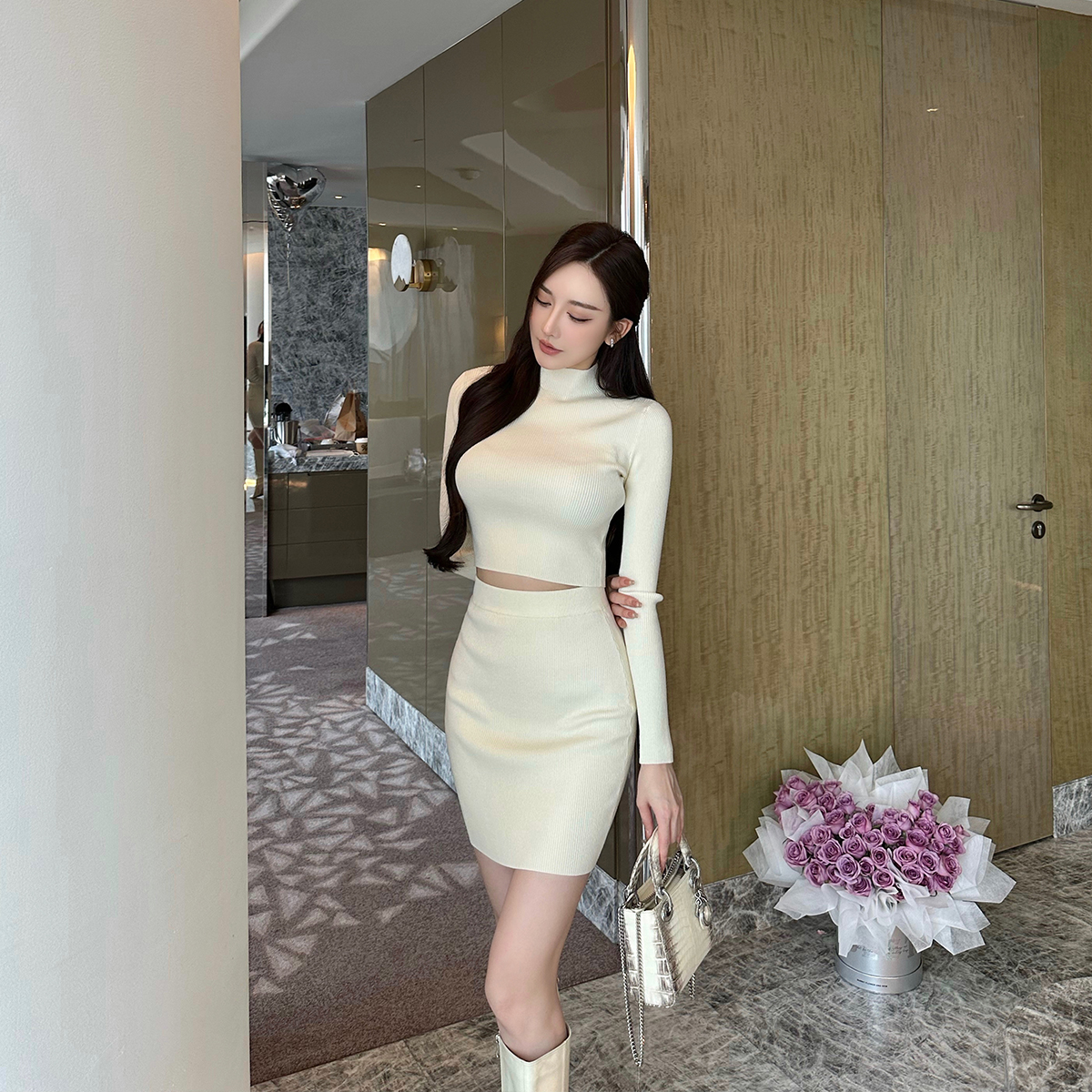 OXNA【咖韵】2025冬针织收腰包臀裙纯欲修身露腰半身裙套装7130