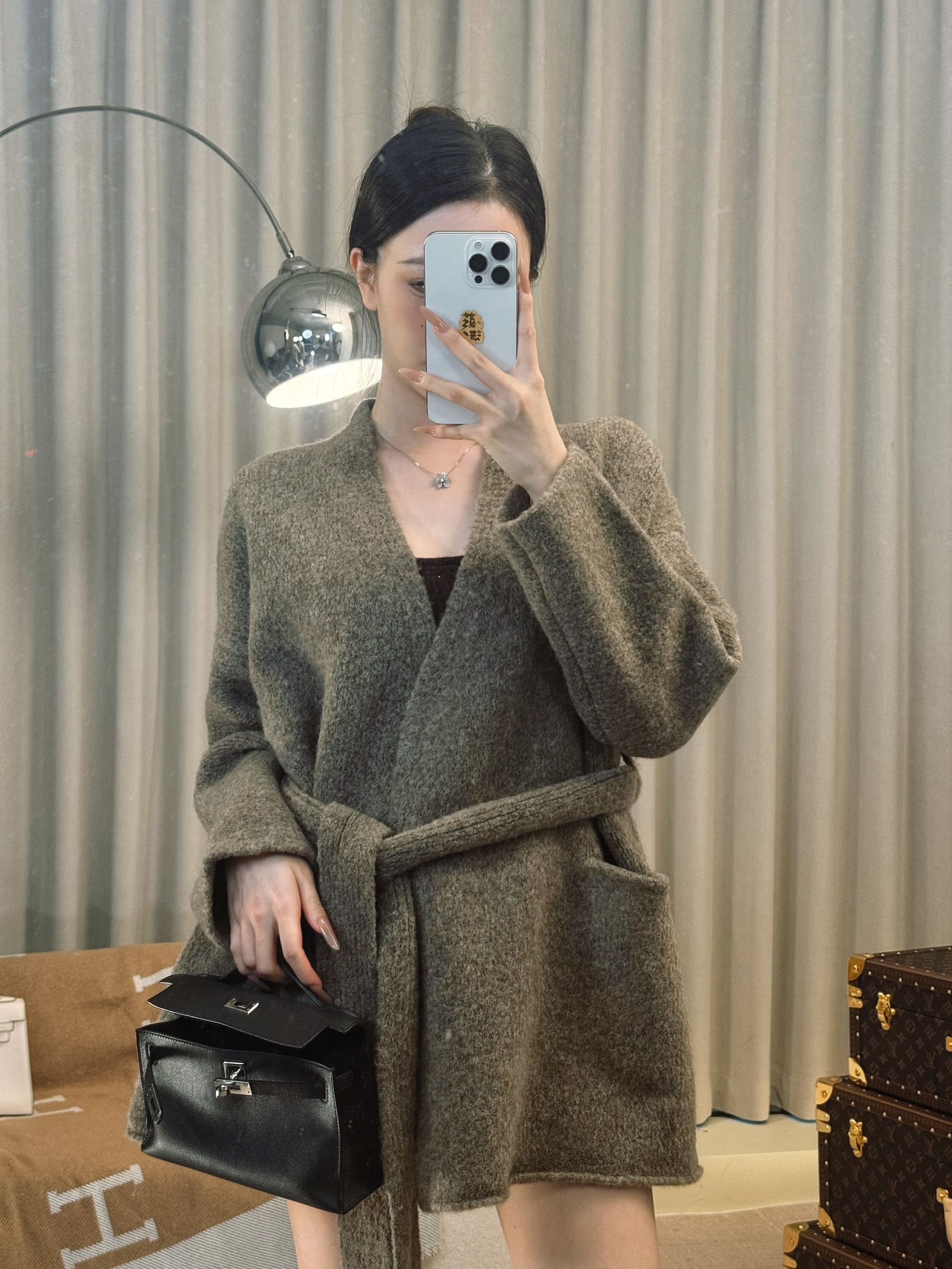 AmberSea百搭2025慵懒风卡其羊绒系带开衫毛呢设计师外套9808