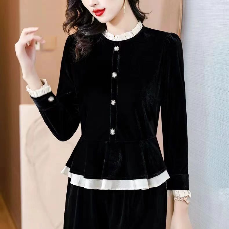 （小曼推荐）1363#法式立领金丝绒上衣女秋冬2024