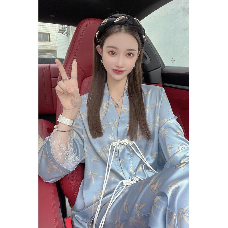 新中式国风冰雪丝睡衣女春秋高级感轻奢名媛气质蓝色两件套装