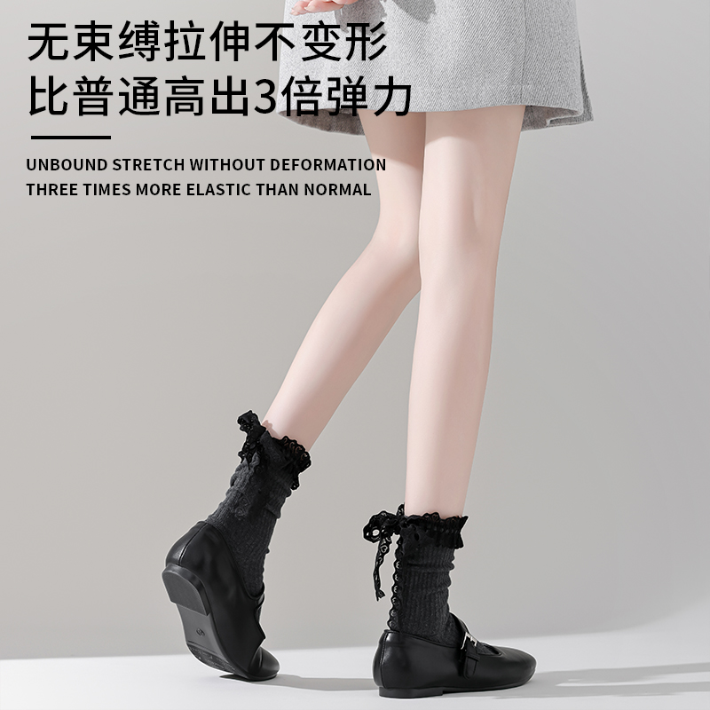日系丝带甜美jk蕾丝花边堆堆袜少女感蝴蝶结中筒袜Lolita棉袜