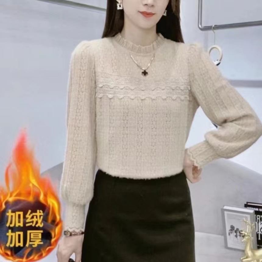 【双12】荷叶花边领蕾丝打底衫女加绒加厚冬季洋气长袖百搭保暖小衫