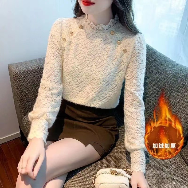 韩版花边立领蕾丝打底衫女秋冬新款加绒加厚洋气长袖保暖内搭小衫