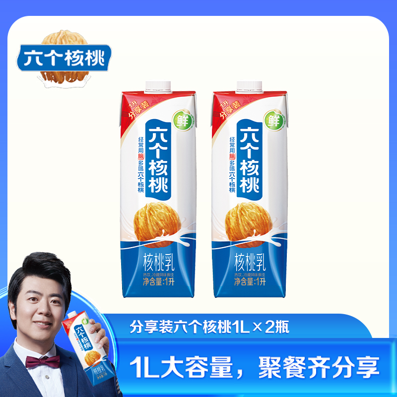 六个核桃 精品型分享装核桃乳1L*2盒 植物蛋白饮料家庭聚餐