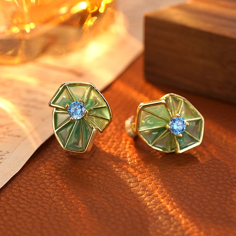 铜合金合成锆石耳饰 5637 新中式国潮宫廷风独特扇形精致耳扣耳环