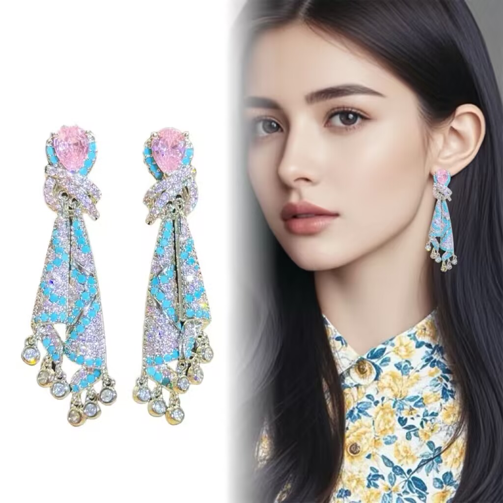 铜合金合成锆石耳饰 5752【盛唐帔帛】高端轻奢气质丝绸耳环 粉红色